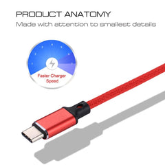 1m 2A Output USB to USB-C / Type-C Nylon Weave Style Data Sync Charging Cable, 2A Red, 2A White, 2A Black, 2A Pink, 2A Grey, 2A Blue