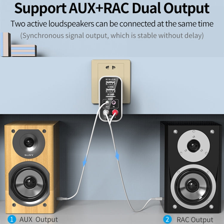 K16 2 in 1 3.5mm AUX + RAC Dual Output Plug-in Bluetooth 5.0 Audio Transmitter Receiver with Remote Control, US Plug, US Plug