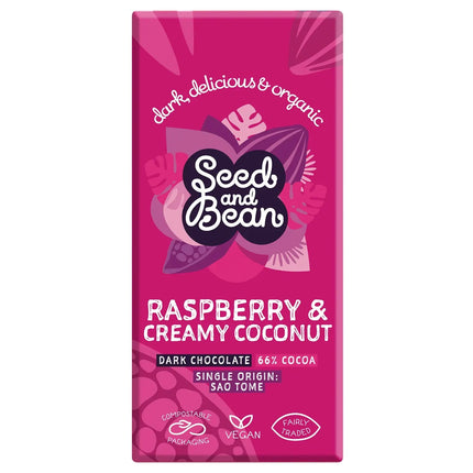 Organic Sao Tome 66% dark chocolate bar with coconut and raspberry