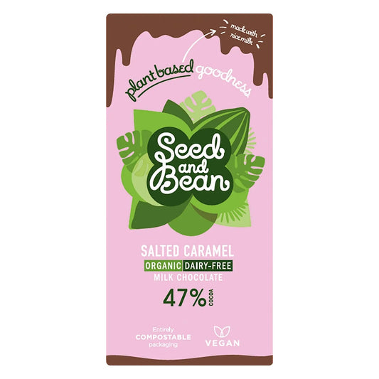 Organic Dairy Free 47% milk chocolate bar with salted caramel