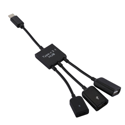 Portable USB-C / Type-C Male to Dual USB Ports Female + Micro USB Female Mini Cable Hub Splitter Adapter, 2 Ports USB + Micro USB