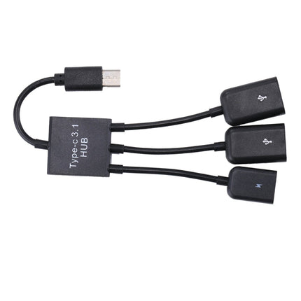Portable USB-C / Type-C Male to Dual USB Ports Female + Micro USB Female Mini Cable Hub Splitter Adapter, 2 Ports USB + Micro USB