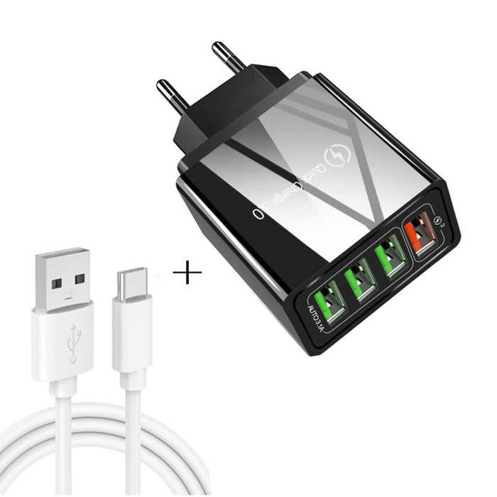 2 in 1 USB to USB-C / Type-C Data Cable + 30W QC 3.0 4 USB Interfaces Mobile Phone Tablet PC Universal Quick Charger Travel Charger Set, EU Plug, USB-C / Type-C Set EU Plug