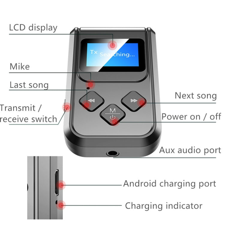 T15 2 in 1 Bluetooth 5.0 Music Receiver Transmitter with Screen, T15