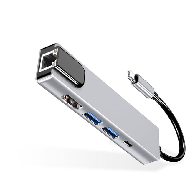USB-C/Type-C to HD 4K HDMI + RJ45 + USB 3.0 + USB 2.0 + PD 5 in 1 HUB Converter, 5 in 1
