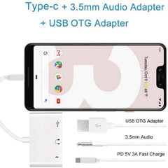 3 in 1 USB-C OTG Adapter with 3.5mm Headphone Jack, Compatible for iPad Pro and Type-C Jack Phone, 3 in 1