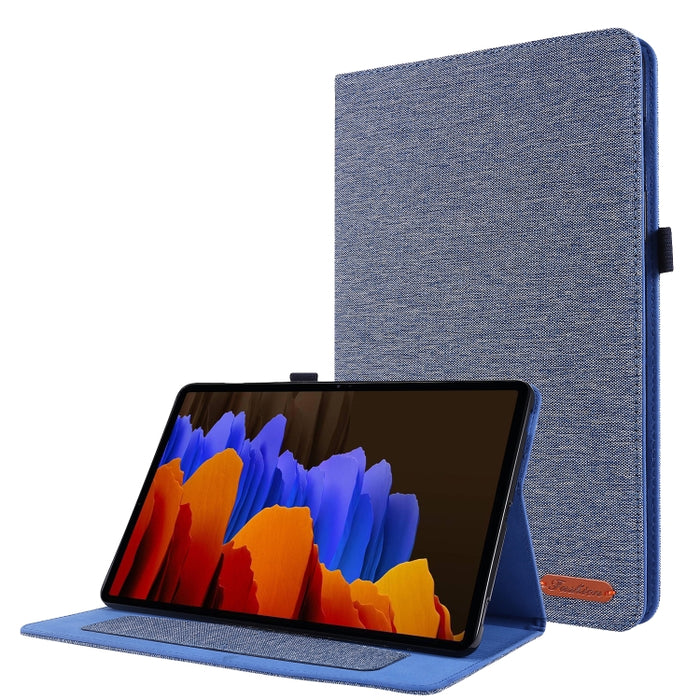 For Samsung Galaxy Tab S8 / Galaxy Tab S7 T870/T875 Horizontal Flip TPU + Fabric PU Leather Protective Case with Card Slots & Holder(DeepBlue)