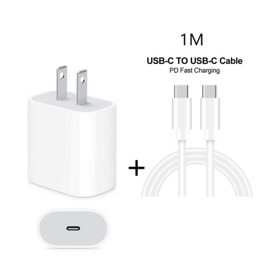 2 in 1 PD 20W Single USB-C / Type-C Port Travel Charger + 3A PD 3.0 USB-C / Type-C to USB-C / Type-C Fast Charge Data Cable Set, Cable Length: 1m, US Plug, 20W 1m