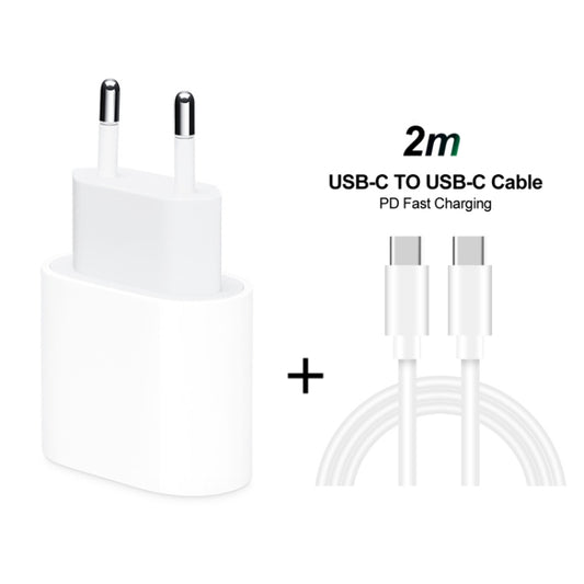 2 in 1 PD 20W Single USB-C / Type-C Port Travel Charger + 3A PD3.0 USB-C / Type-C to USB-C / Type-C Fast Charge Data Cable Set, Cable Length: 2m, EU Plug, 20W 2m