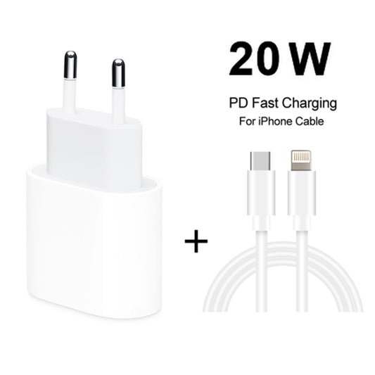 2 in 1 PD 20W Single USB-C / Type-C Port Travel Charger + 3A PD3.0 USB-C / Type-C to 8 Pin Fast Charge Data Cable Set, Cable Length: 1m, EU Plug, 20W 1m