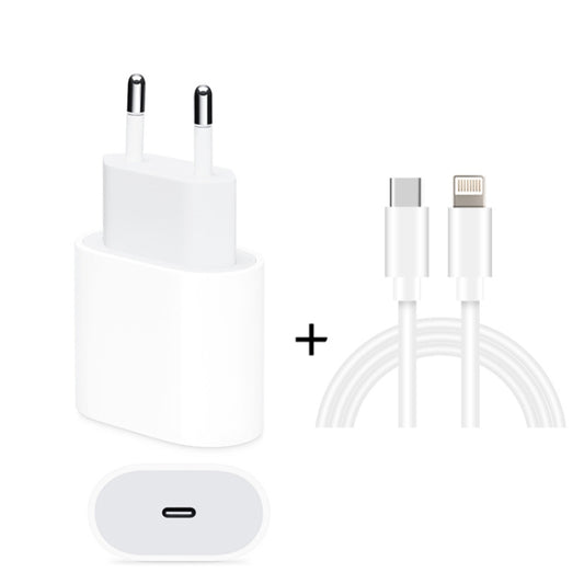 2 in 1 PD 20W Single USB-C / Type-C Port Travel Charger + 3A PD3.0 USB-C / Type-C to 8 Pin Fast Charge Data Cable Set, Cable Length: 1m, EU Plug, 20W 1m