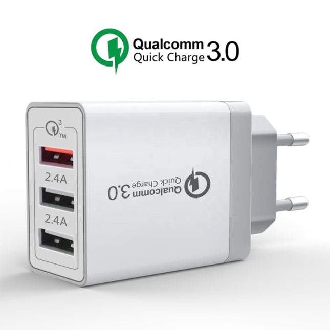 SDC-30W 2 in 1 USB to USB-C / Type-C Data Cable + 30W QC 3.0 USB + 2.4A Dual USB 2.0 Ports Mobile Phone Tablet PC Universal Quick Charger Travel Charger Set, EU Plug, with USB-C / Type-C Cable, EU Plug