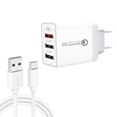 SDC-30W 2 in 1 USB to USB-C / Type-C Data Cable + 30W QC 3.0 USB + 2.4A Dual USB 2.0 Ports Mobile Phone Tablet PC Universal Quick Charger Travel Charger Set, EU Plug, with USB-C / Type-C Cable, EU Plug