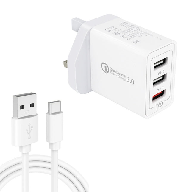 SDC-30W 2 in 1 USB to USB-C / Type-C Data Cable + 30W QC 3.0 USB + 2.4A Dual USB 2.0 Ports Mobile Phone Tablet PC Universal Quick Charger Travel Charger Set, UK Plug, with USB-C / Type-C Cable, UK Plug