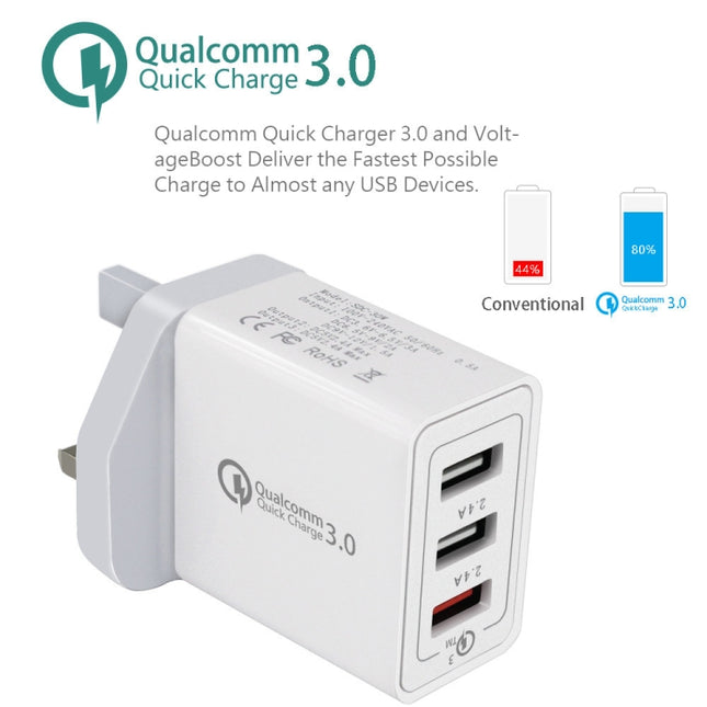 SDC-30W 2 in 1 USB to USB-C / Type-C Data Cable + 30W QC 3.0 USB + 2.4A Dual USB 2.0 Ports Mobile Phone Tablet PC Universal Quick Charger Travel Charger Set, UK Plug, with USB-C / Type-C Cable, UK Plug