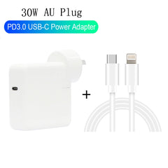 2 in 1 PD3.0 30W USB-C / Type-C Travel Charger with Detachable Foot + PD3.0 3A USB-C / Type-C to 8 Pin Fast Charge Data Cable Set, Cable Length: 1m, AU Plug, 1m