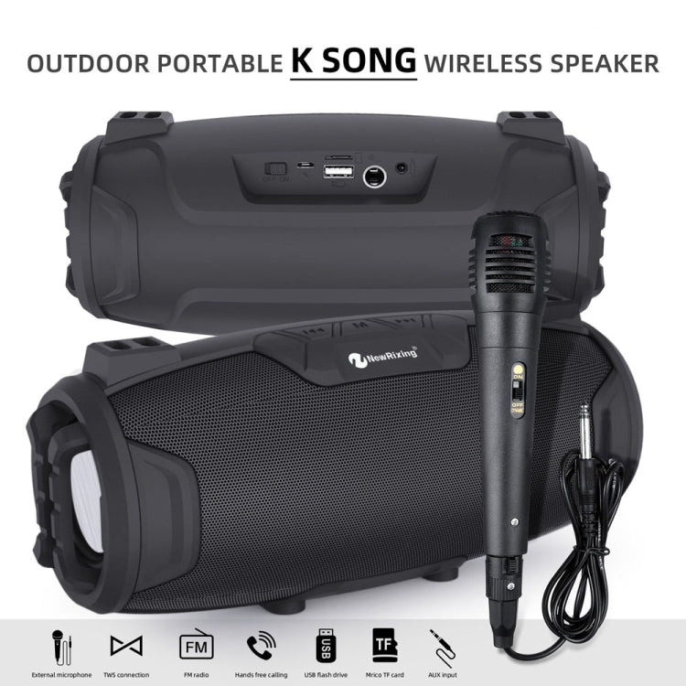 NewRixing NR3026M TWS Outdoor Portable K-song Wireless Bluetooth Speaker High-power Aduio Amplifer with Shoulder Strap & Microphone, Support TF Card / FM