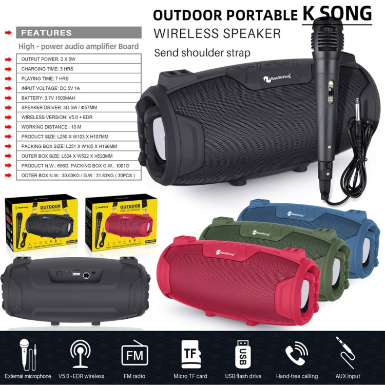 NewRixing NR3026M TWS Outdoor Portable K-song Wireless Bluetooth Speaker High-power Aduio Amplifer with Shoulder Strap & Microphone, Support TF Card / FM