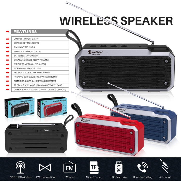 NewRixing NR4018FM TWS Portable Stereo Bluetooth Speaker, Support TF Card / FM / 3.5mm AUX / U Disk / Hands-free Call