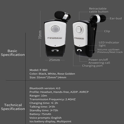 F960 CSR4.1 Retractable Cable Caller Vibration Reminder Anti-theft Bluetooth Headset, Black, White, Silver