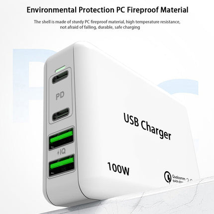 PD 100W Dual USB-C / Type-C + Dual USB 4-port Charger with Power Cable for Apple / Huawei / Samsung Laptop