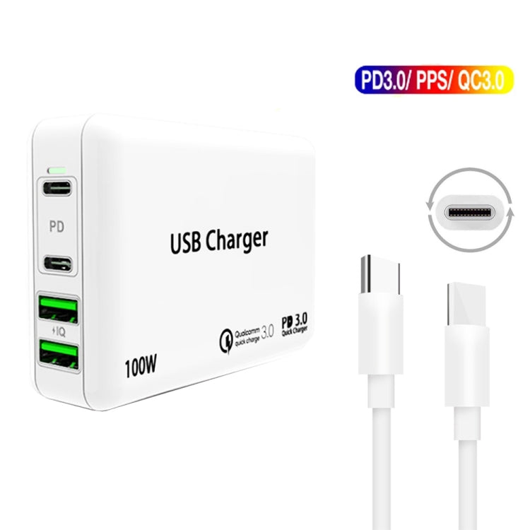 PD100W-A9 PD100W Dual Dort USB-C / Type-C + Dual USB Charger with 5A USB-C / Type-C to USB-C / Type-C Fast Charging Cable for Apple MacBook Series, EU Plug, US Plug, UK Plug