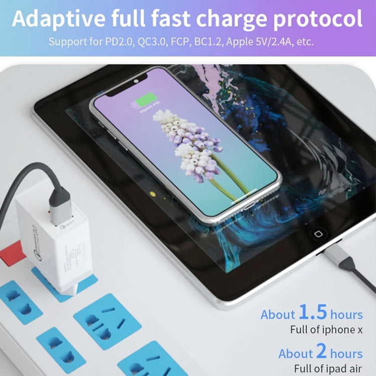 SDC-18W 18W PD 3.0 Type-C / USB-C + QC 3.0 USB Dual Fast Charging Universal Travel Charger with Micro USB to 8 Pin Fast Charging Data Cable, AU Plug