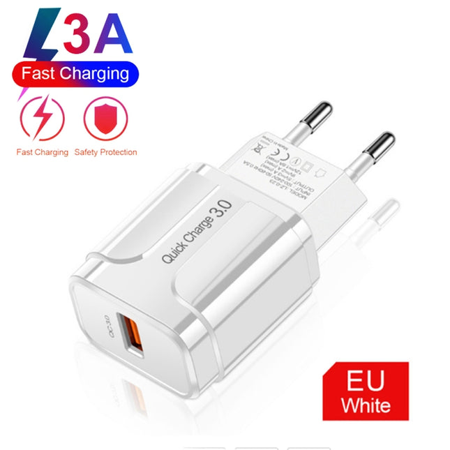 LZ-023 18W QC 3.0 USB Portable Travel Charger + 3A USB to Micro USB Data Cable, EU Plug, Micro USB Data Cable, EU Plug