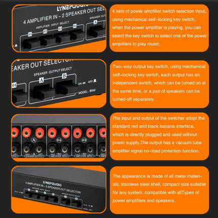 B042 4-in 2-out Power Amplifier Sound Switcher Loudspeaker Switch Distributor, 300W Per Channel Lossless Sound Quality, B042