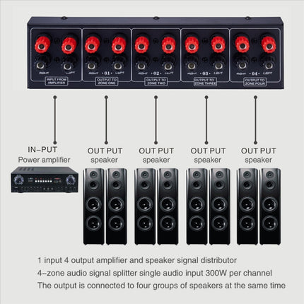 1 In And 4 Out Amplifier Sound Speaker Distributor, 4-Area Sound Source, Signal Distribution Panel, Single Audio Input, 300W Per Channel, B030