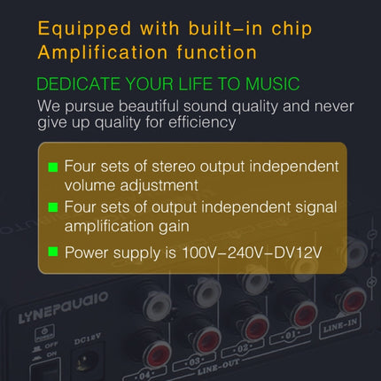 1-In 4-Out Front Stereo Signal Amplifier, Independent Output Volume Adjustment RCA Interface No Loss  Allocator, US Plug, B029