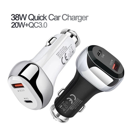 YSY-312PD QC3.0 18W USB + PD 20W USB-C / Type-C Car Charger with USB to USB-C / Type-C Data Cable, PD 20W with USB-C / Type-C Cable