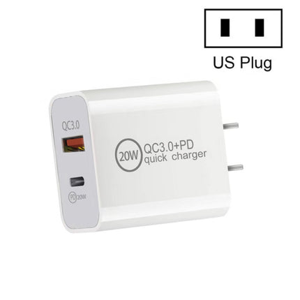 Dual Fast Charging 20W PD3.0+QC 3.0 Interface Travel Charger for iPhone, Huawei, Samsung, Xiaomi, EU Plug, US Plug, AU Plug
