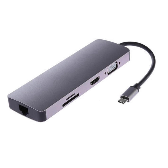 WS-11 8 in 1 Type-C to HDMI + VGA + SD + TF + RJ45 + PD + 2 x USB3.0 HUB Adapter Converter