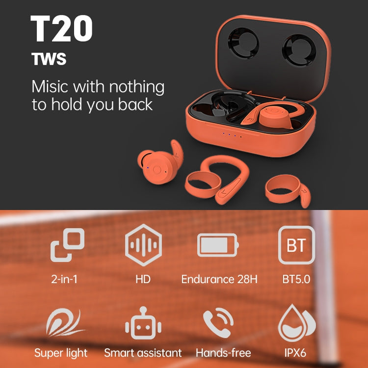 T20 TWS Bluetooth Hooks Wireless Sports Headphones with Charging Box IPX6 Waterproof Noise-cancelling Earphones