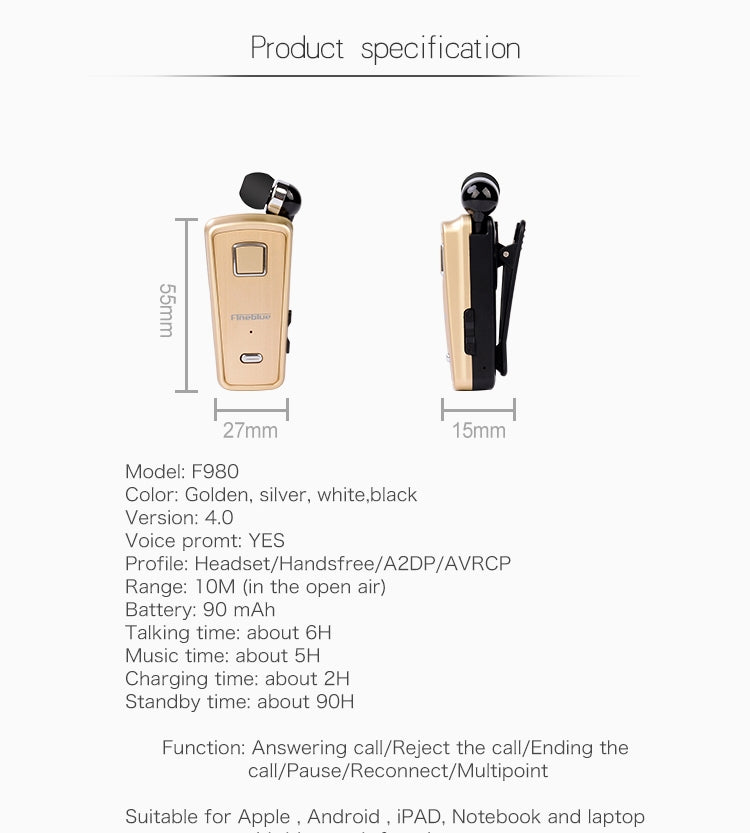 F980 CSR4.1 Retractable Cable Caller Vibration Reminder Anti-theft Bluetooth Headset, Black, White, Silver, Gold