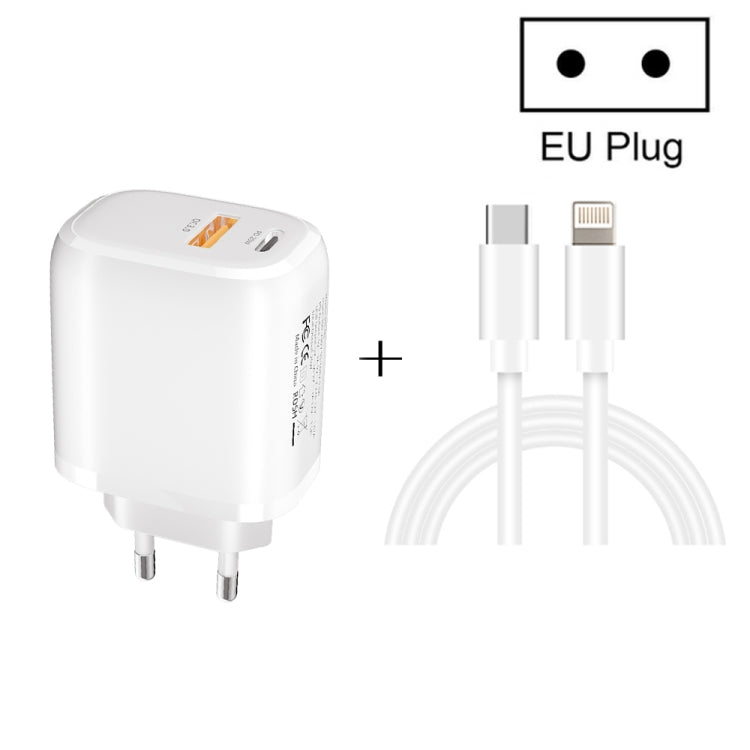 CS-20W Mini Portable PD3.0 + QC3.0 Dual Ports Fast Charger with 3A Type-C to 8 Pin Data Cable, Charger + Type-C to 8 Pin Cable