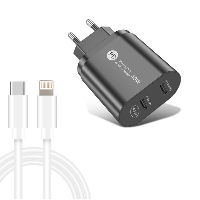 002 40W Dual Port PD / Type-C Fast Charger with USB-C to 8 Pin Data Cable, EU Plug, EU Plug + Type-C to 8 Pin Cable