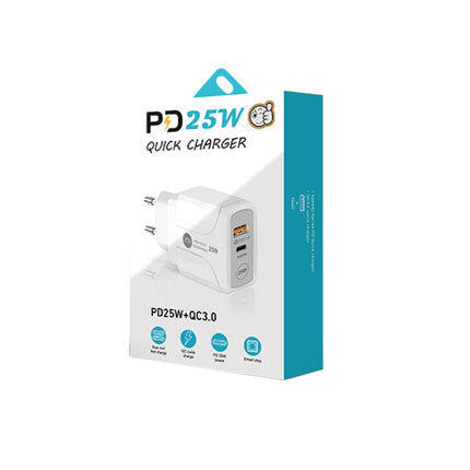 PD25W USB-C / Type-C + QC3.0 USB Dual Ports Fast Charger with USB to 8 Pin Data Cable, EU Plug, EU Plug + USB to 8 Pin Cable