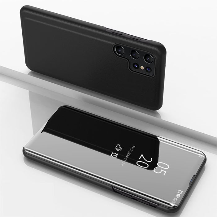 For Samsung Galaxy S22 Ultra 5G Plated Mirror Horizontal Flip Leather Case with Holder(Black)
