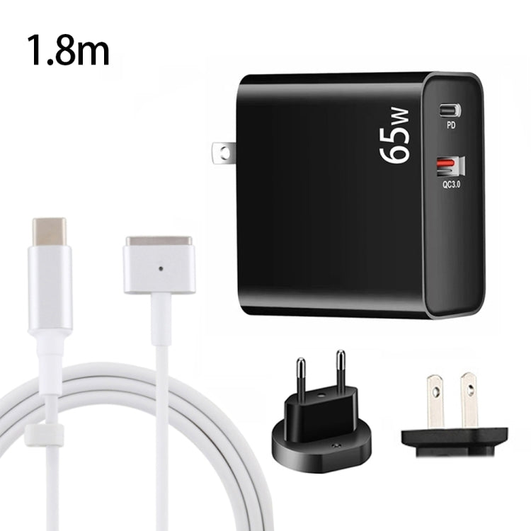 PD-65W USB-C / Type-C + QC3. 0 USB Laptop Charging Adapter + 1.8m USB-C / Type-C to MagSafe 2 / T Head Data Cable, EU Plug / US Plug, MagSafe 2 / T Cable, EU Plug / US Plug