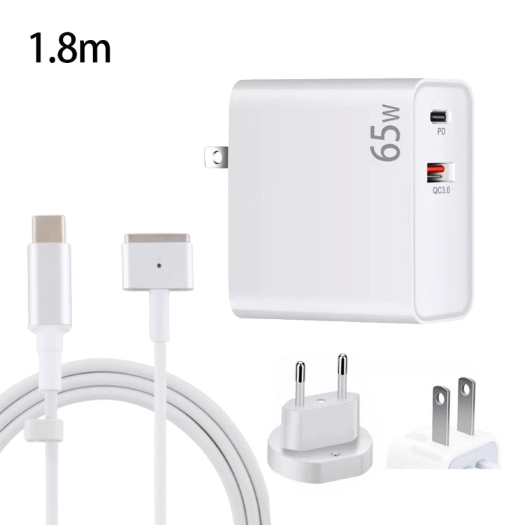 PD-65W USB-C / Type-C + QC3. 0 USB Laptop Charging Adapter + 1.8m USB-C / Type-C to MagSafe 2 / T Head Data Cable, EU Plug / US Plug, MagSafe 2 / T Cable, EU Plug / US Plug