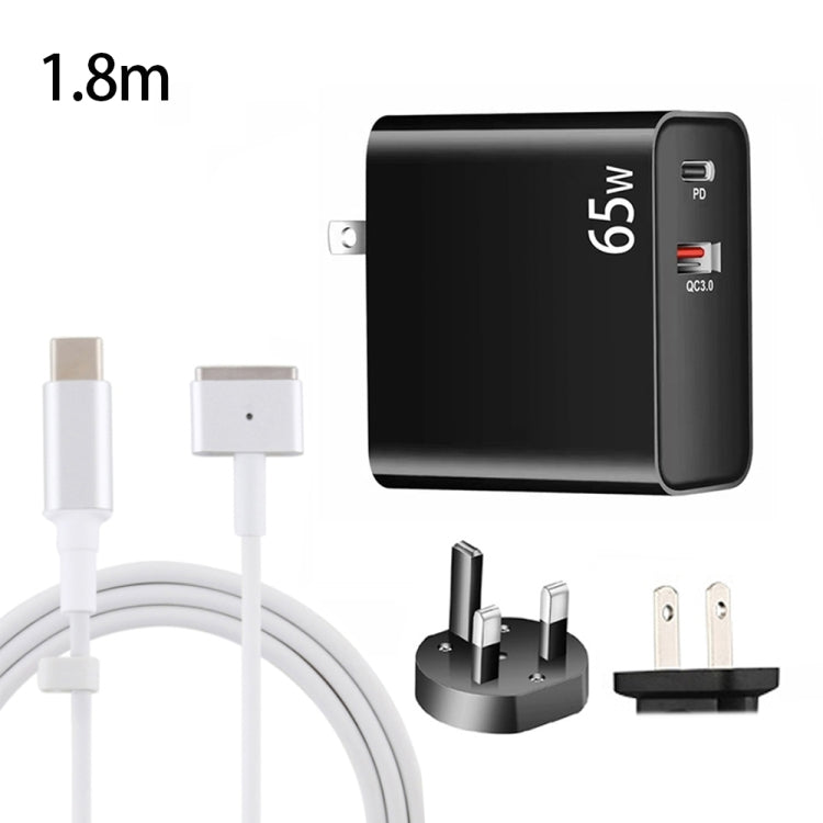 PD-65W USB-C / Type-C + QC3. 0 USB Laptop Charging Adapter + 1.8m USB-C / Type-C to MagSafe 2 / T Head Data Cable, UK Plug / US Plug, MagSafe 2 / T Cable, UK Plug / US Plug