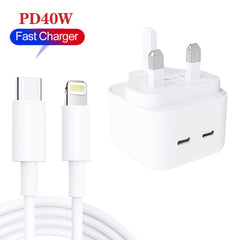 SDC-40W Dual PD USB-C / Type-C Ports Charger with Type-C to 8 Pin Data Cable, UK Plug, UK Plug + 1m 8 Pin Cable, UK Plug + 1.5m 8 Pin Cable, UK Plug + 2m 8 Pin Cable