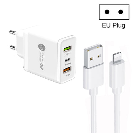 45W PD25W + 2 x QC3.0 USB Multi Port Charger with USB to 8 Pin Cable, EU Plug, EU Plug + USB to 8 Pin Cable