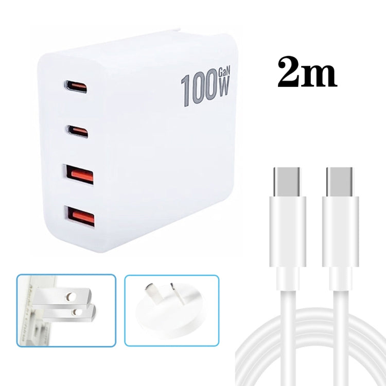 GaN 100W Dual USB + Dual USB-C/Type-C Multi Port Charger with 2m Type-C to Type-C Data Cable Set, US Plug, US / EU Plug, US / UK Plug, US / AU Plug, US / EU / UK Plug, US / EU / UK / AU Plug