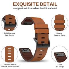 26mm Leather Steel Buckle Watch Band, For Garmin Descent MK 2, For Garmin Tactix 7, For Garmin Fenix 6X, For Garmin Fenix 5X Sapphire, For Garmin Tactix Delta, For Garmin Descent MK 2i, For Garmin Tactix 7 Pro, For Garmin Fenix 3