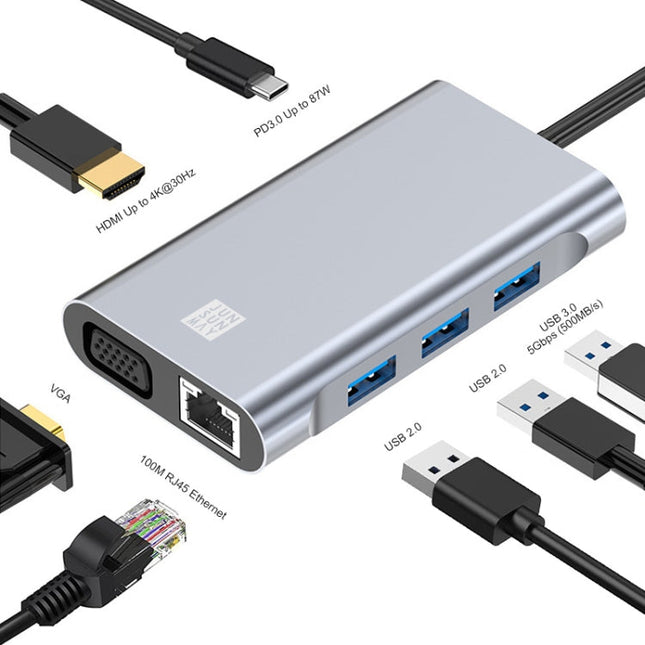 JUNSUNMAY 7 in 1 Type-C to 4K HDMI / VGA / Ethernet Docking Station Adapter USB-C Hub, JSM-HUB001