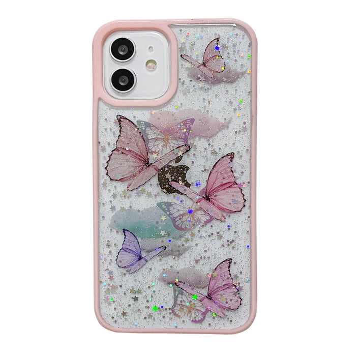 For iPhone 13 mini Color Butterfly Glitter Epoxy TPU Phone Case(Pink)