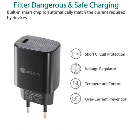 PD11 Single PD3.0 USB-C / Type-C 20W Fast Charger with 1m Type-C to 8 Pin Data Cable, EU Plug, EU Plug + Type-C to 8 Pin Cable